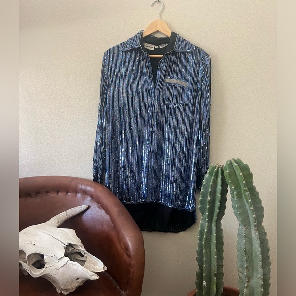 Bark Tops - Silver and Blue Sequin Vintage Shirt